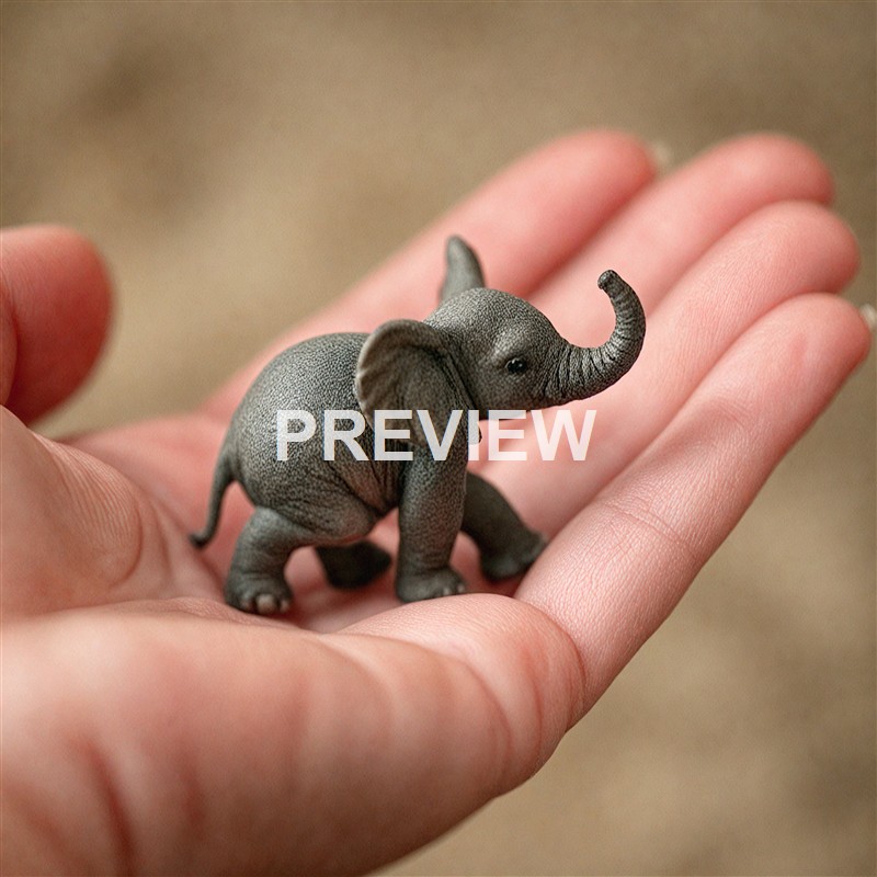 A tiny, realistic-looking baby elephant figurine with textured gray skin and large ears, sitting on a person's open palm.